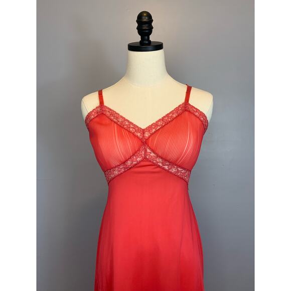 Vintage 50s Vanity Fair Slip Dress Coral Accordion Pleats Semi Sheer Nylon Lace - Picture 2 of 10